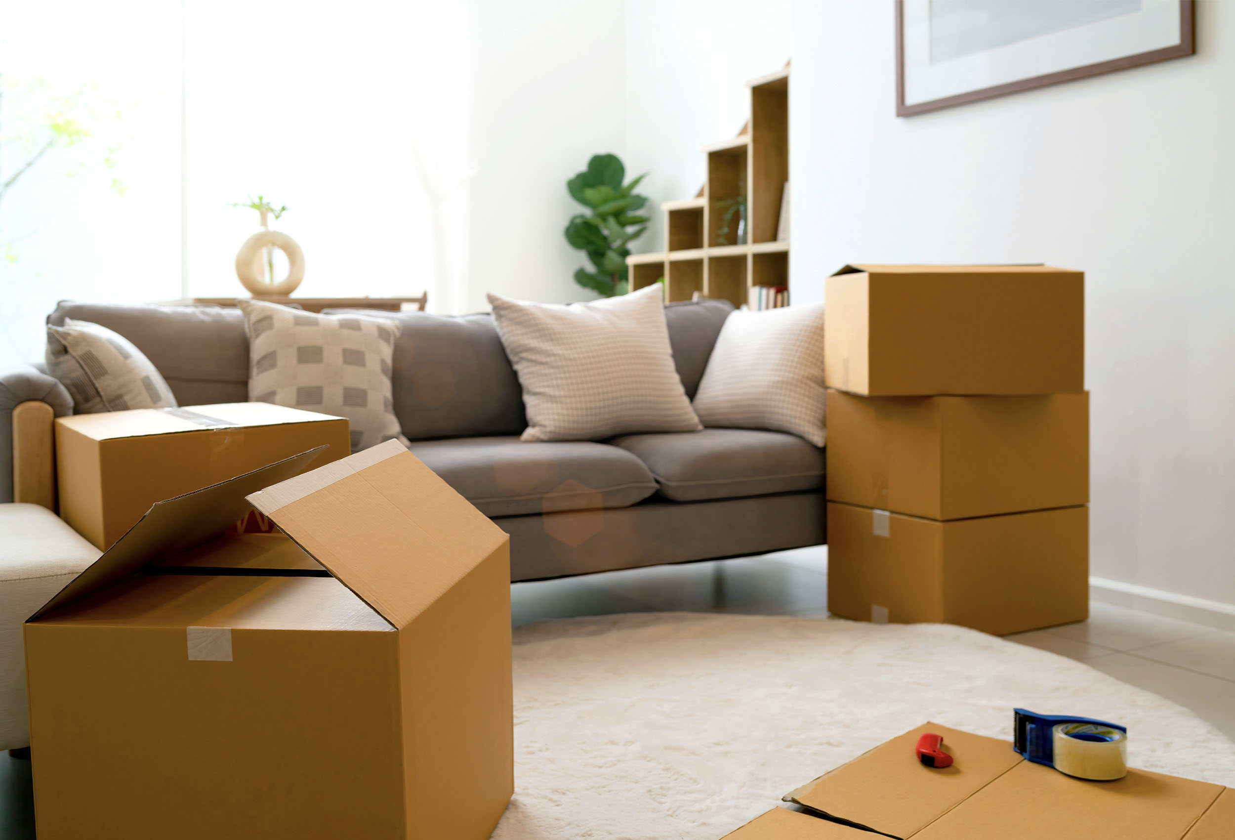 Moving home – Header A sofa surrounded by moving boxes